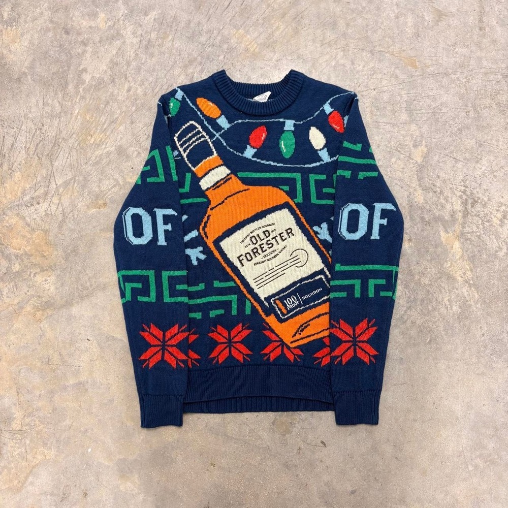 Old Forester Bourbon Christmas Ugly Sweater Holiday Lights Graphic Knit Navy L